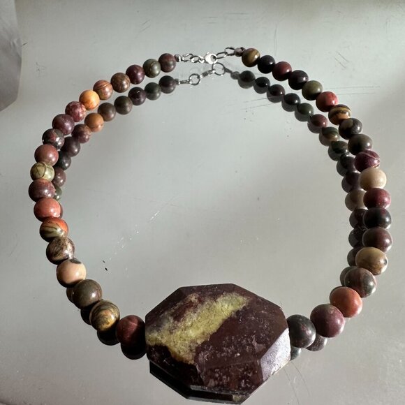 Choker Necklace Sterling Silver Picasso Jasper Chrysoprase Gemstone Handmade - Picture 6 of 7